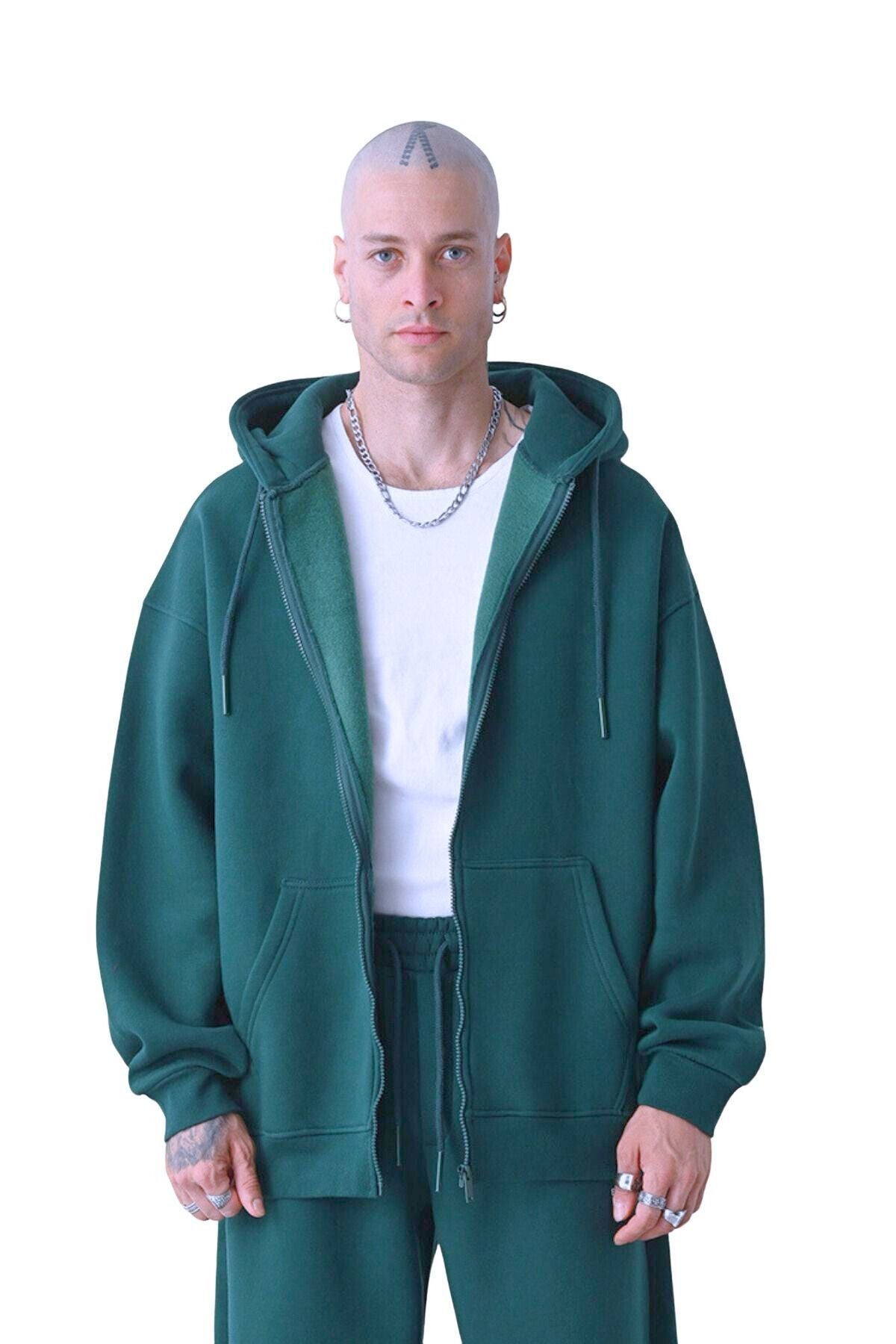 Erkek Basic Yeşi̇l Unisex Tam Fermuar Sweatshirt Hırka - YEŞİL - 1
