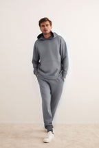 Erkek 3 İ̇plik Kapşonlu İ̇çi Pamuklu Bol Kesim Hoodie Kışlık Günlük Eşofman Takımı - Gri - 1