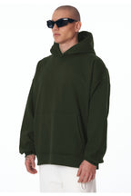 Erkek Bol Kesim Oversize 3 İ̇plik İ̇çi Pamuklu Şardonlu Kanguru Cep Kapşonlu Kışlık Hoodie Sweatshirt - Haki - 2