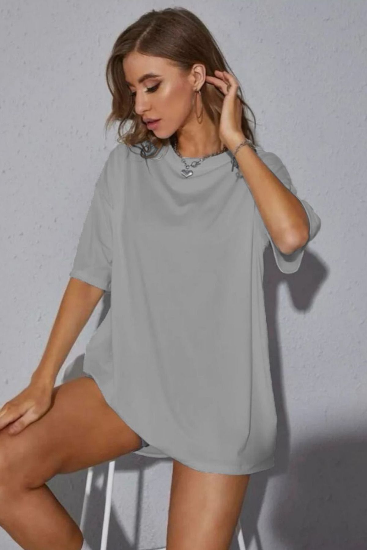 Kadın Oversize Dökümlü Tok Kumaş Tişört Reşmeli - GRİMELANJ - 1