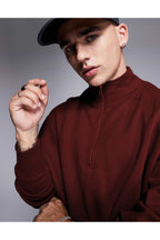 Erkek Yarım Fermuarlı Basic Oversize Dik Yaka Sweatshirt Kazak - Bordo - 3
