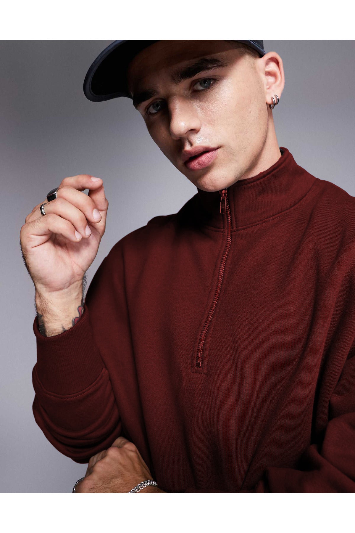 Erkek Yarım Fermuarlı Basic Oversize Dik Yaka Sweatshirt Kazak - Bordo - 3