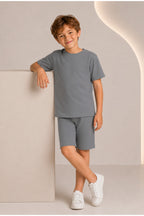 Çocuk Kısa Kollu Baskısız Basic Oversıze Geniş Kalıp Beli Bağlamalı Esnek 1-10 Yaş Arası Yaz Sezonu Sportif T-shirt / Şort Takım - Füme - 3