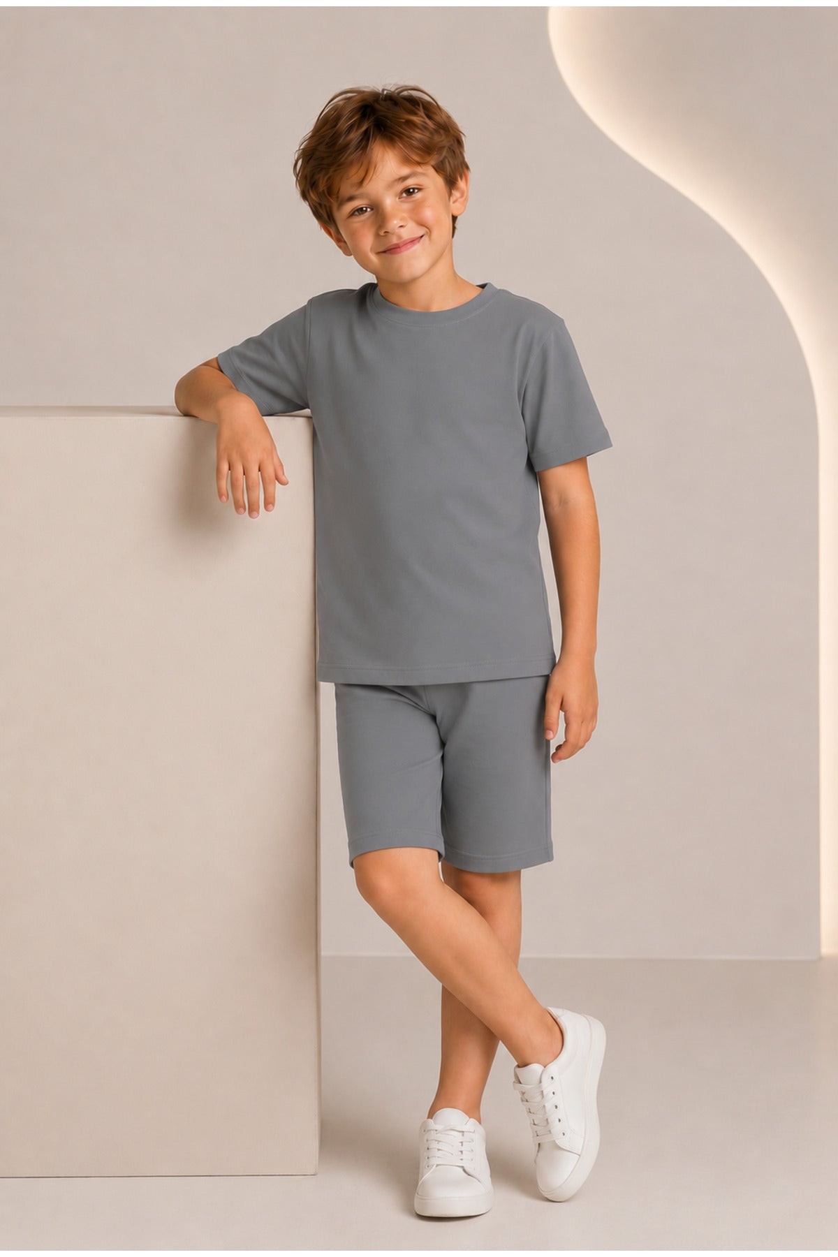 Çocuk Kısa Kollu Baskısız Basic Oversıze Geniş Kalıp Beli Bağlamalı Esnek 1-10 Yaş Arası Yaz Sezonu Sportif T-shirt / Şort Takım - Füme - 3