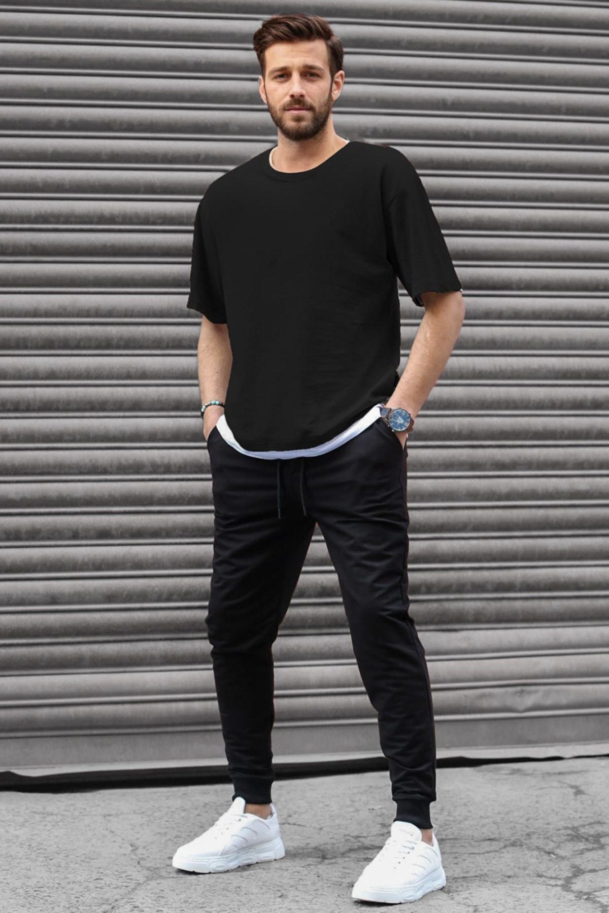 Erkek Siyah Kısa Kollu Bisiklet Yaka Oversize Yüksek Bel Lastikli Jogger Pijama Eşofman Takımı - Siyah - 1