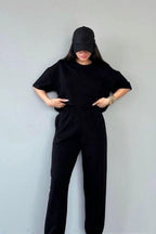 Kadın Penye Oversize Pijama Takımı - Siyah - 1