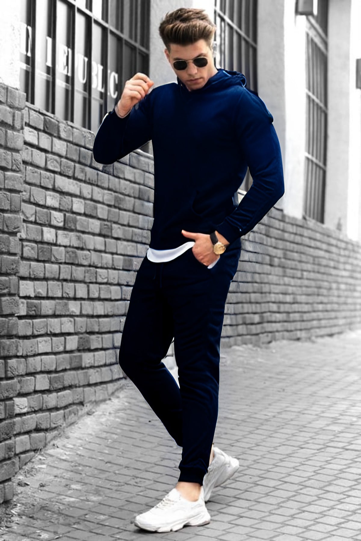 Erkek Bol Kalıp Kalın Rahat Pamuklu Eşofman Takımı Elegance Quality - Lacivert - 1