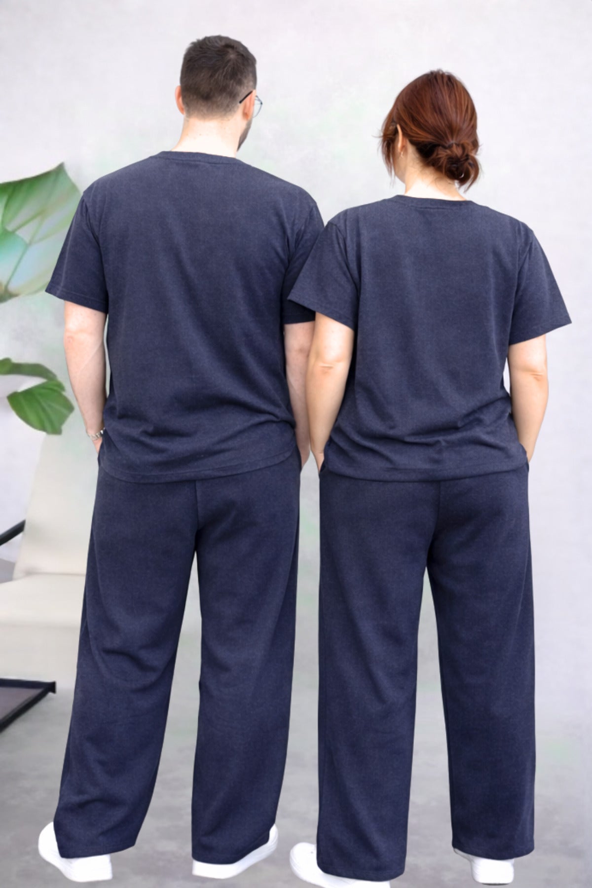 Çift Özel Erkek Kadın Kısa Kollu Eşofman Takımı (tekli) Beli İ̇plik Bol Paça - Füme - 3