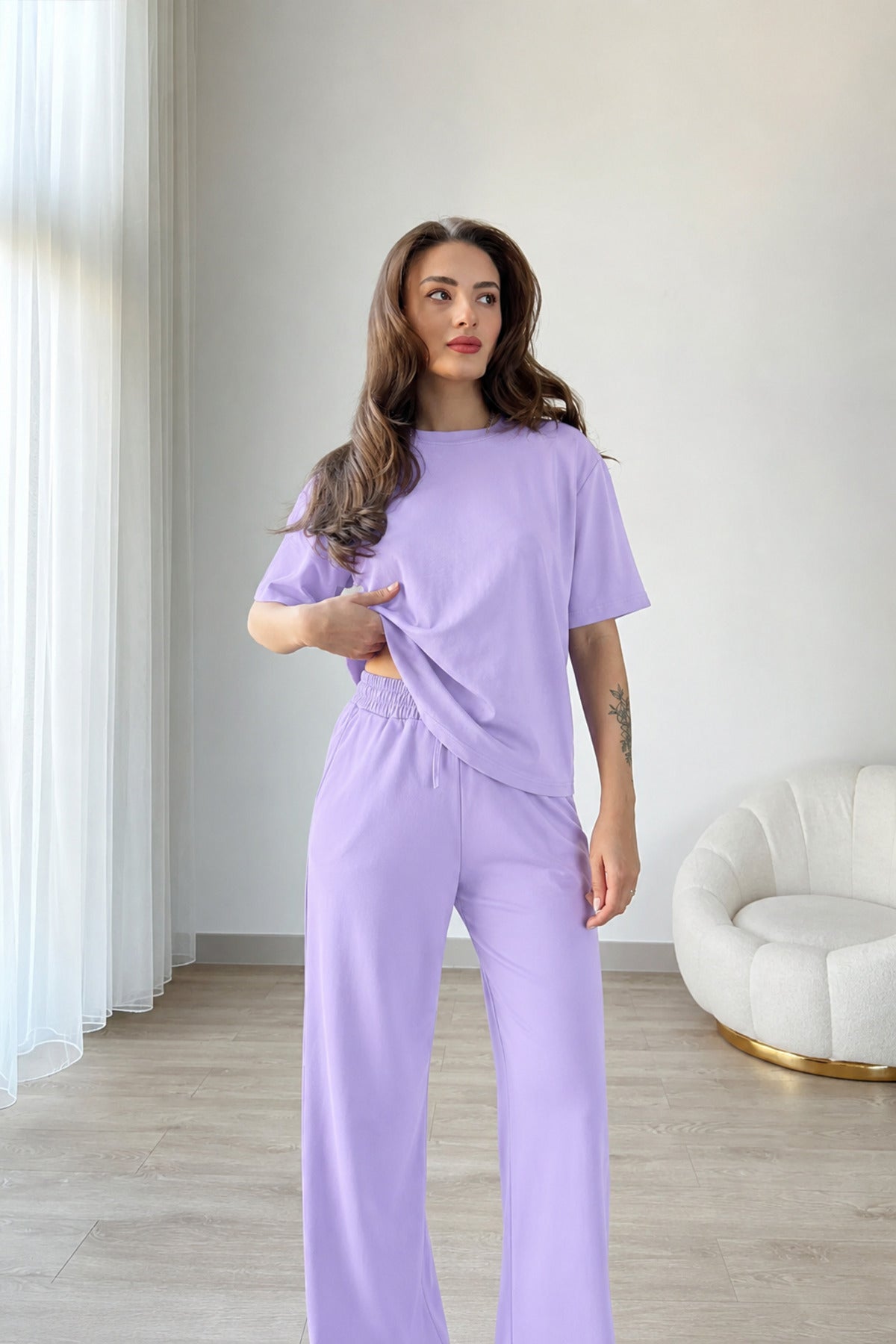 Kadın Modal Penye Full Esnek Süper Yüksek Bel Alt Üst Takım - Lila - 1