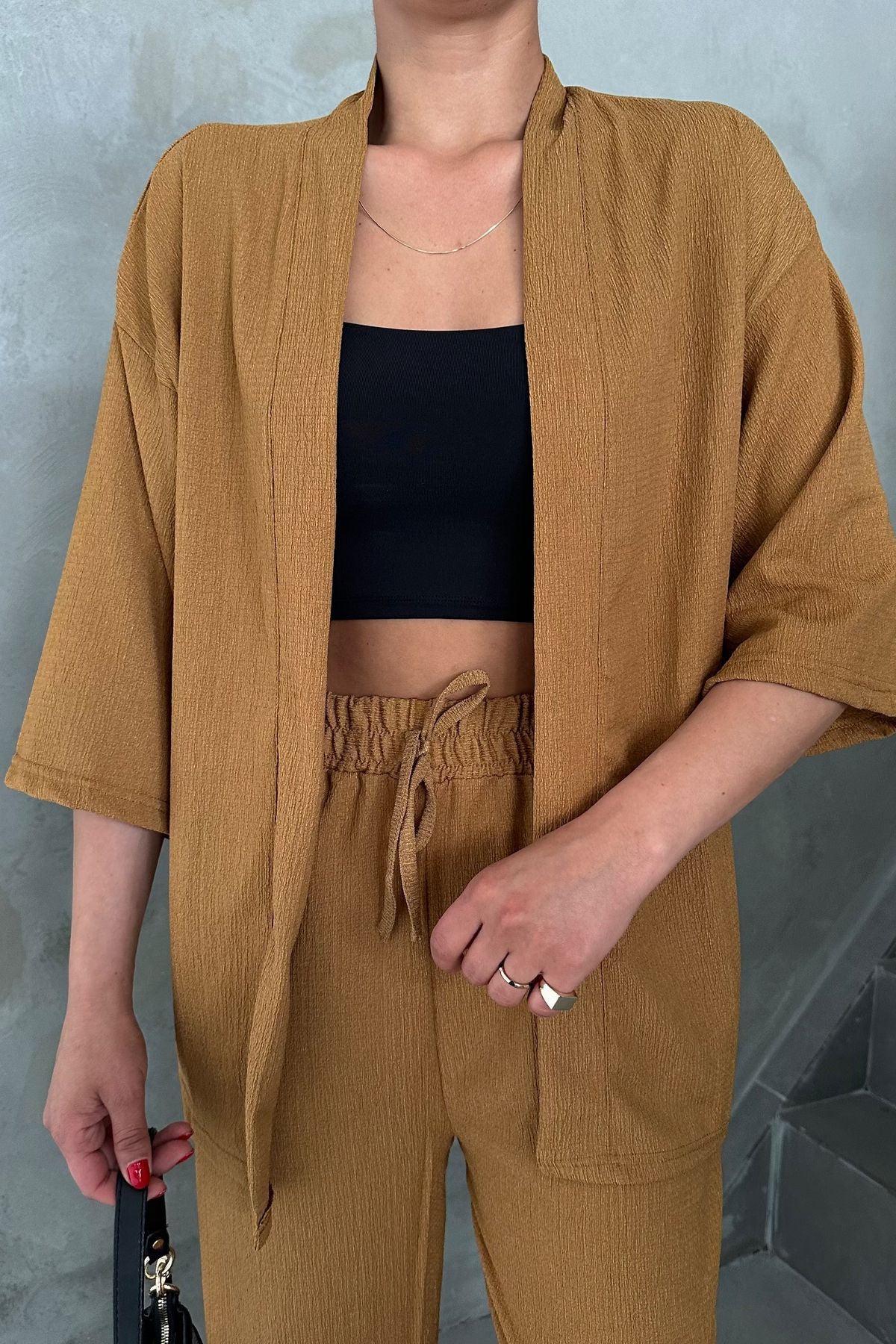 Kadın Dökümlü Bürümcük Yazlık Palazzo Kimono Takım - CAMEL - 6
