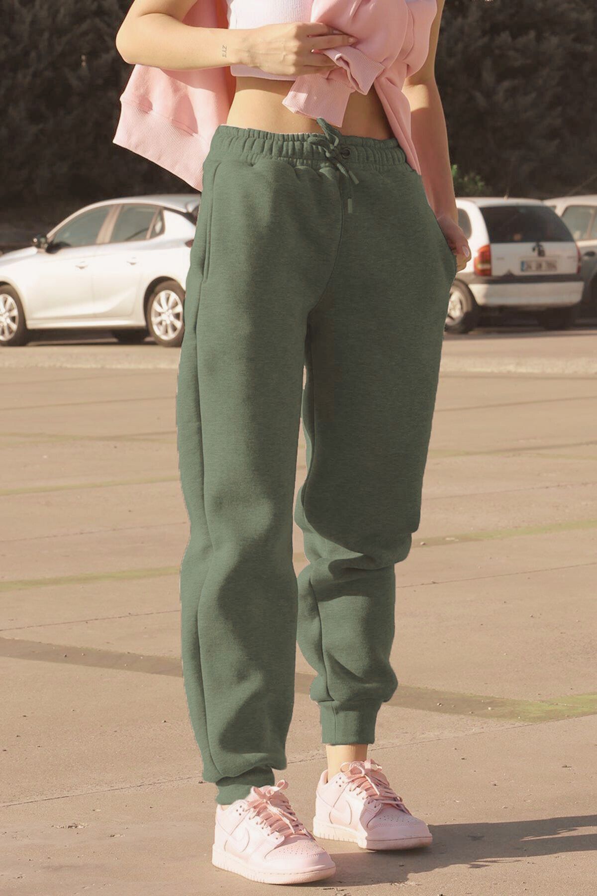 Kadın Haki Kışlık Kalın İ̇çi Polarlı Yüksek Bel Paçası Lastikli Jogger Eşofman Altı - Khaki/Haki - 2