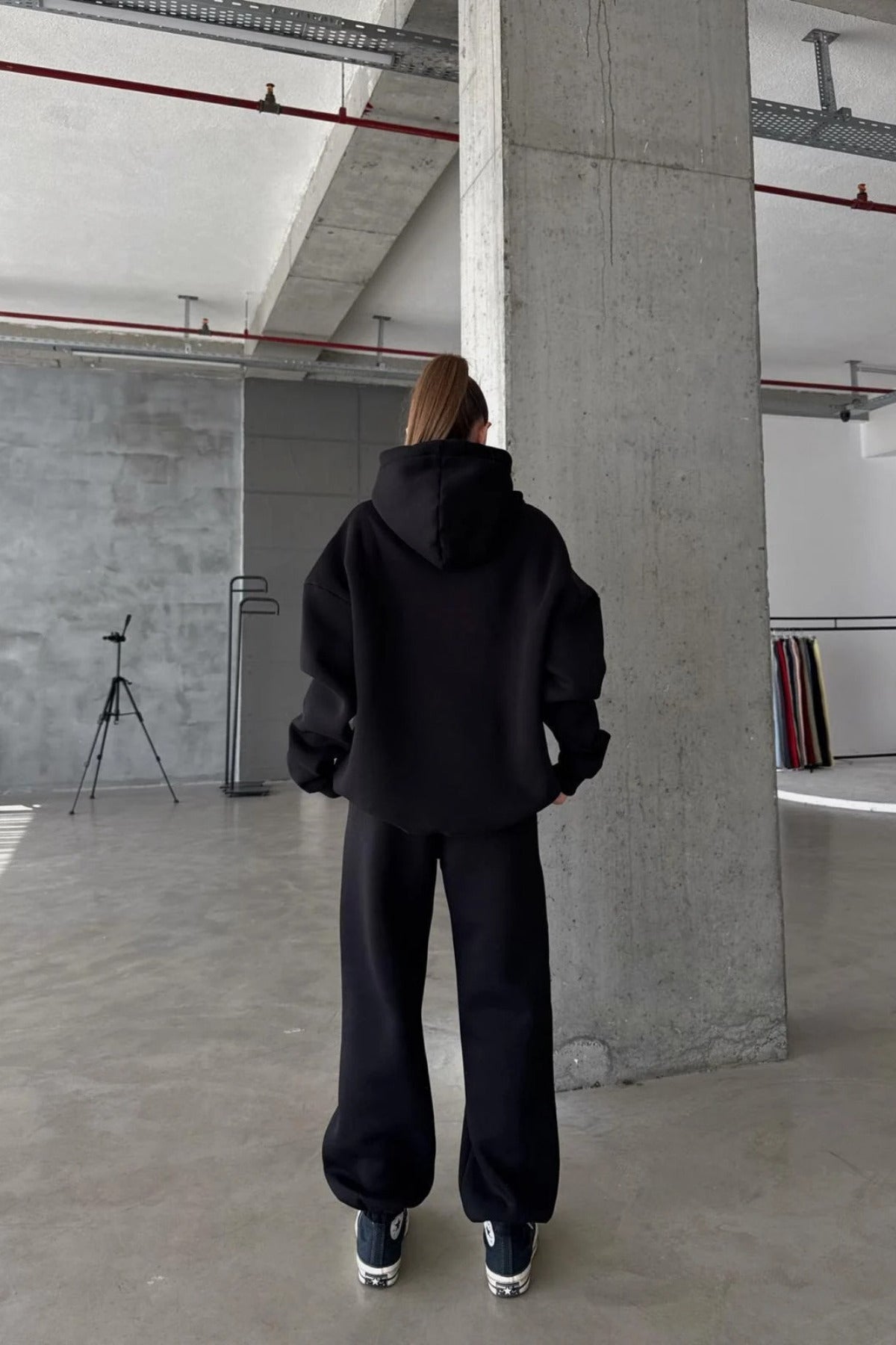 Kadın Paçası Lastikli Jogger Oversize Kışlık Eşofman Takımı - Siyah - 3