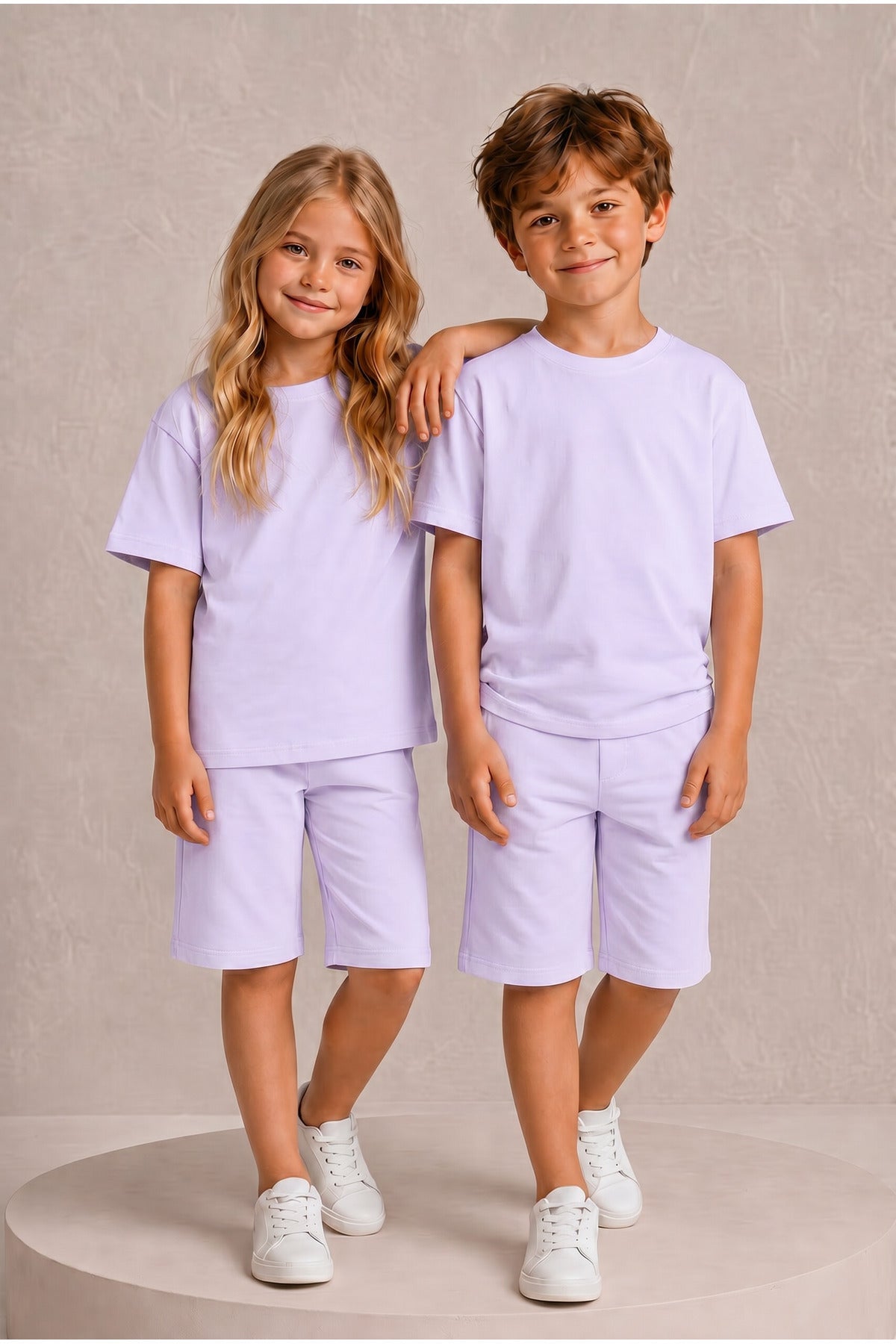 Çocuk Kısa Kollu Baskısız Basic Oversıze Geniş Kalıp Beli Bağlamalı Esnek 1-10 Yaş Arası Yaz Sezonu Sportif T-shirt / Şort Takım - Lila - 1