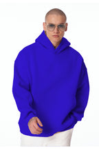Erkek Bol Kesim Oversize 3 İ̇plik İ̇çi Pamuklu Şardonlu Kanguru Cep Kapşonlu Kışlık Hoodie Sweatshirt - Saks Mavi - 1