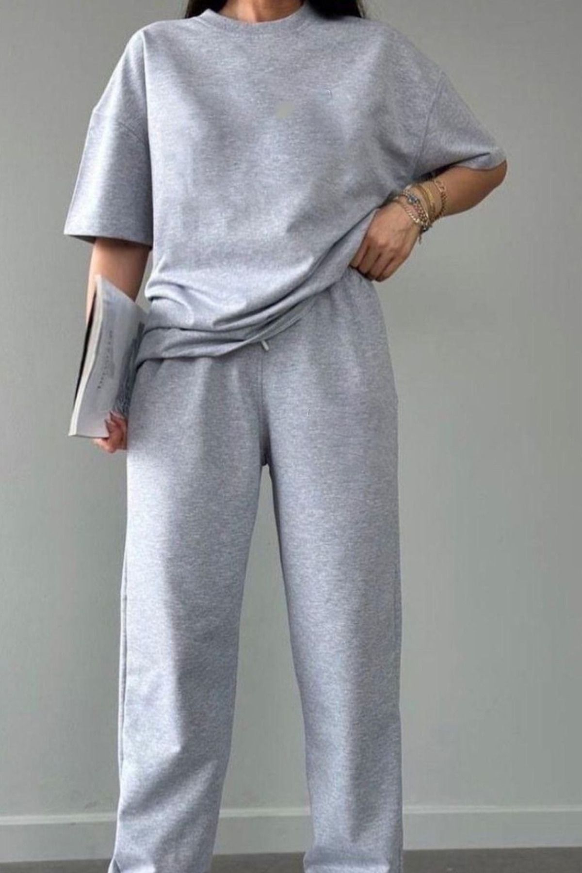Kadın Kısa Kollu Pijama Takımı Bisiklet Yaka Salaş Tok Kumaş - Gri - 2