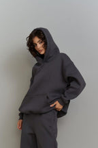 Kadın 3 İ̇plik İ̇çi Pamuklu Kanguru Cep Regular İ̇çi Pamuklu Oversize Sweatshirt - Füme - 2