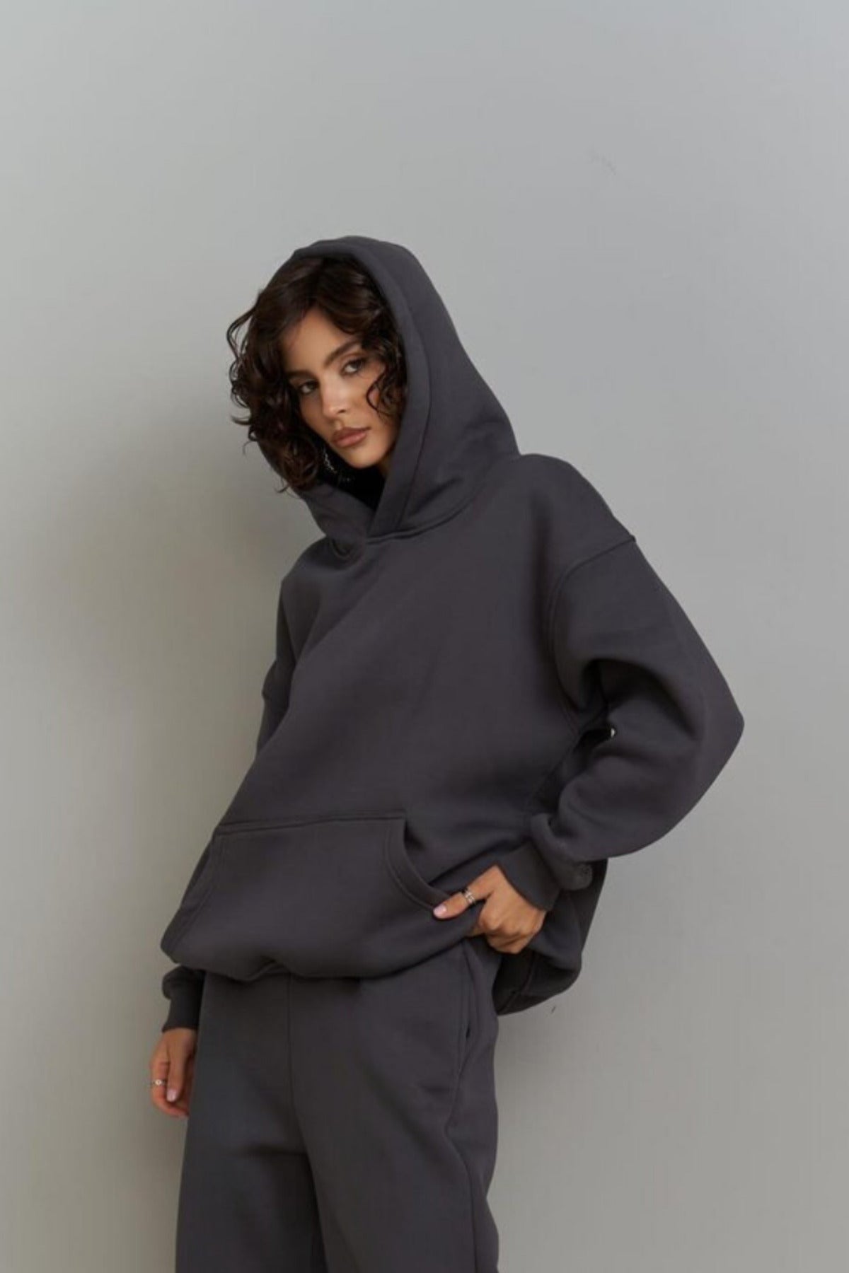 Kadın 3 İ̇plik İ̇çi Pamuklu Kanguru Cep Regular İ̇çi Pamuklu Oversize Sweatshirt - Füme - 2