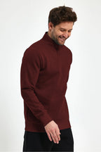 Erkek Yarım Fermuar Dik Yaka Uzun Kollu 3 İ̇plik Sweatshirt - Bordo - 2