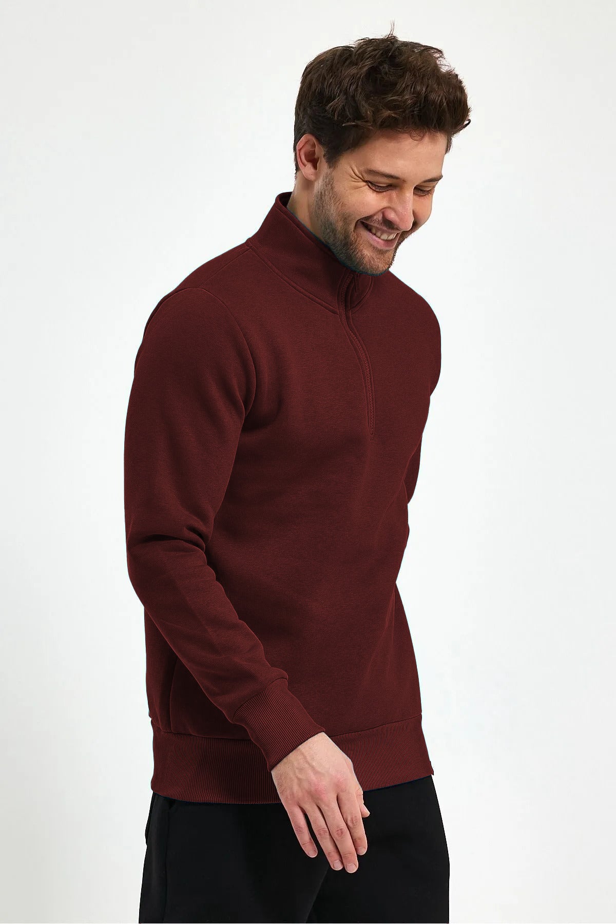 Erkek Yarım Fermuar Dik Yaka Uzun Kollu 3 İ̇plik Sweatshirt - Bordo - 2