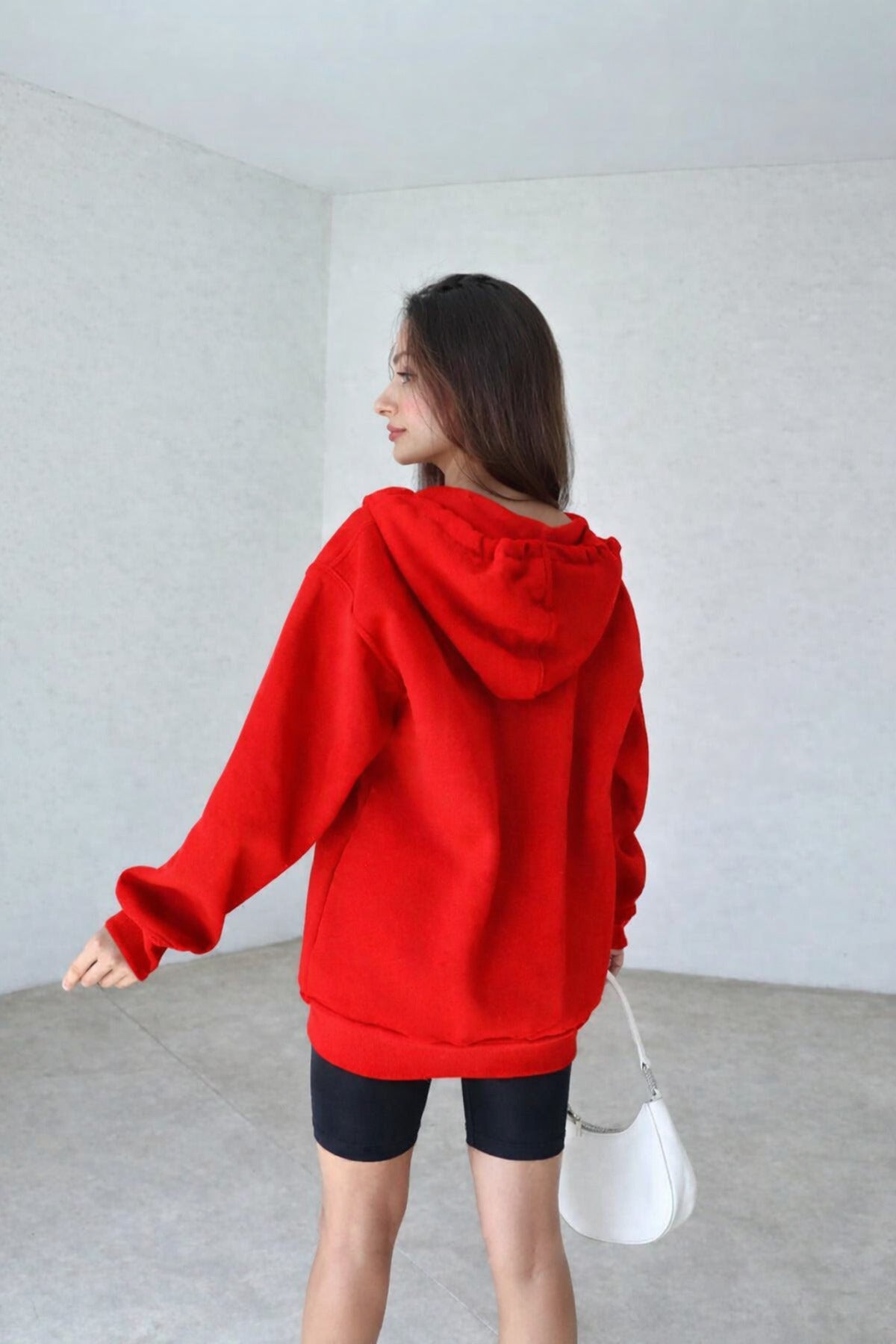 Kadın 3 İ̇plik Oversize Kapüşonlu Fermuarlı Hırka Sweatshirt - Kırmızı - 3