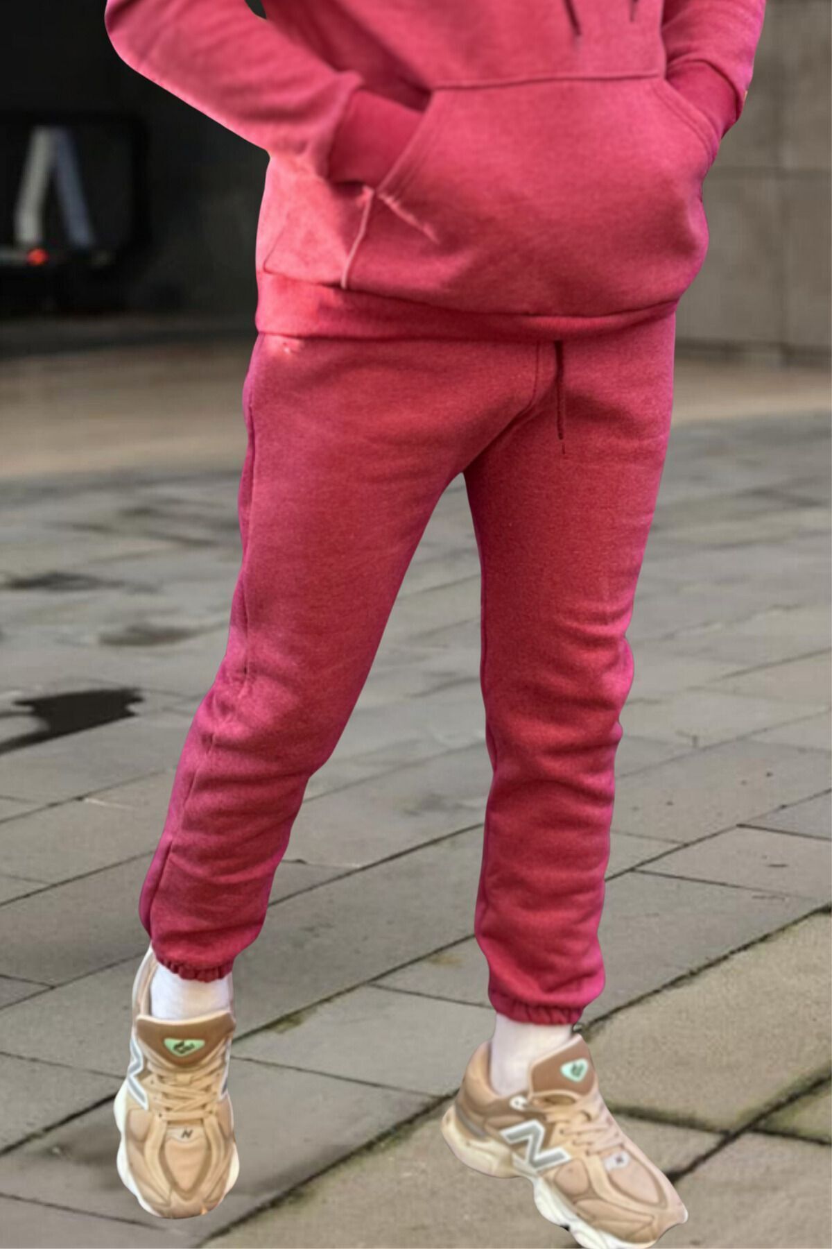 Bay Mürdüm Melanj Beli Lastikli 3 İplik Streetwear Eşofman Altı - Mürdüm Melanj - 1