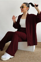 Kadın Dökümlü Bürümcük Yazlık Palazzo Pantolon Ve Kimono Takım - Mor - 3
