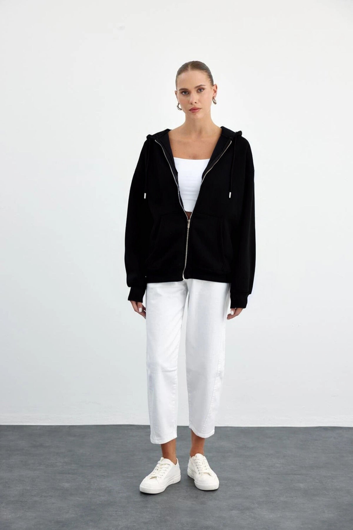 Kadın Fermuarlı Şardonlu Oversize Kapşonlu Hırka Sweatshirt - Siyah - 2