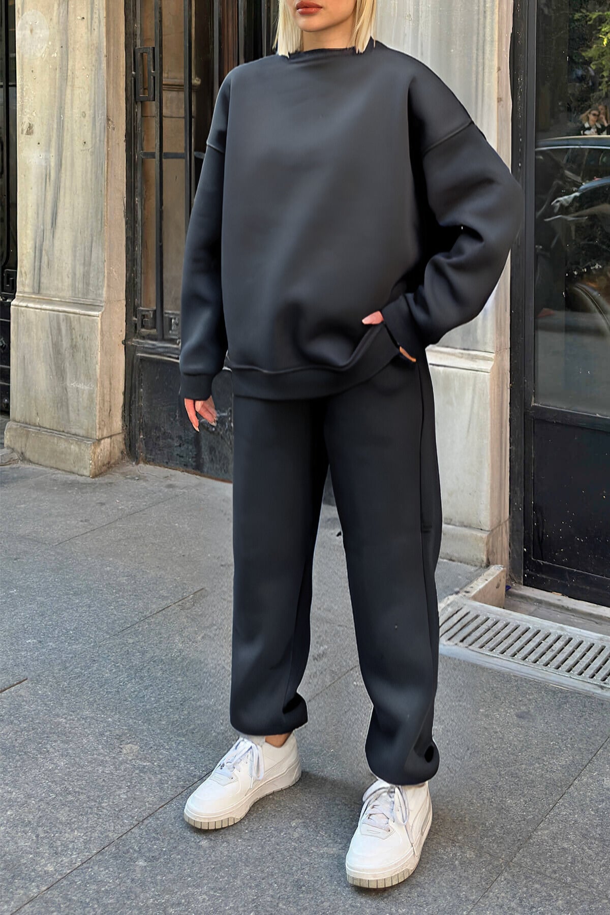 Kadın Oversize Puf Geniş Kalıp Basic Pamuklu Mevsimlik Rahat Eşofman Takımı - Füme - 2