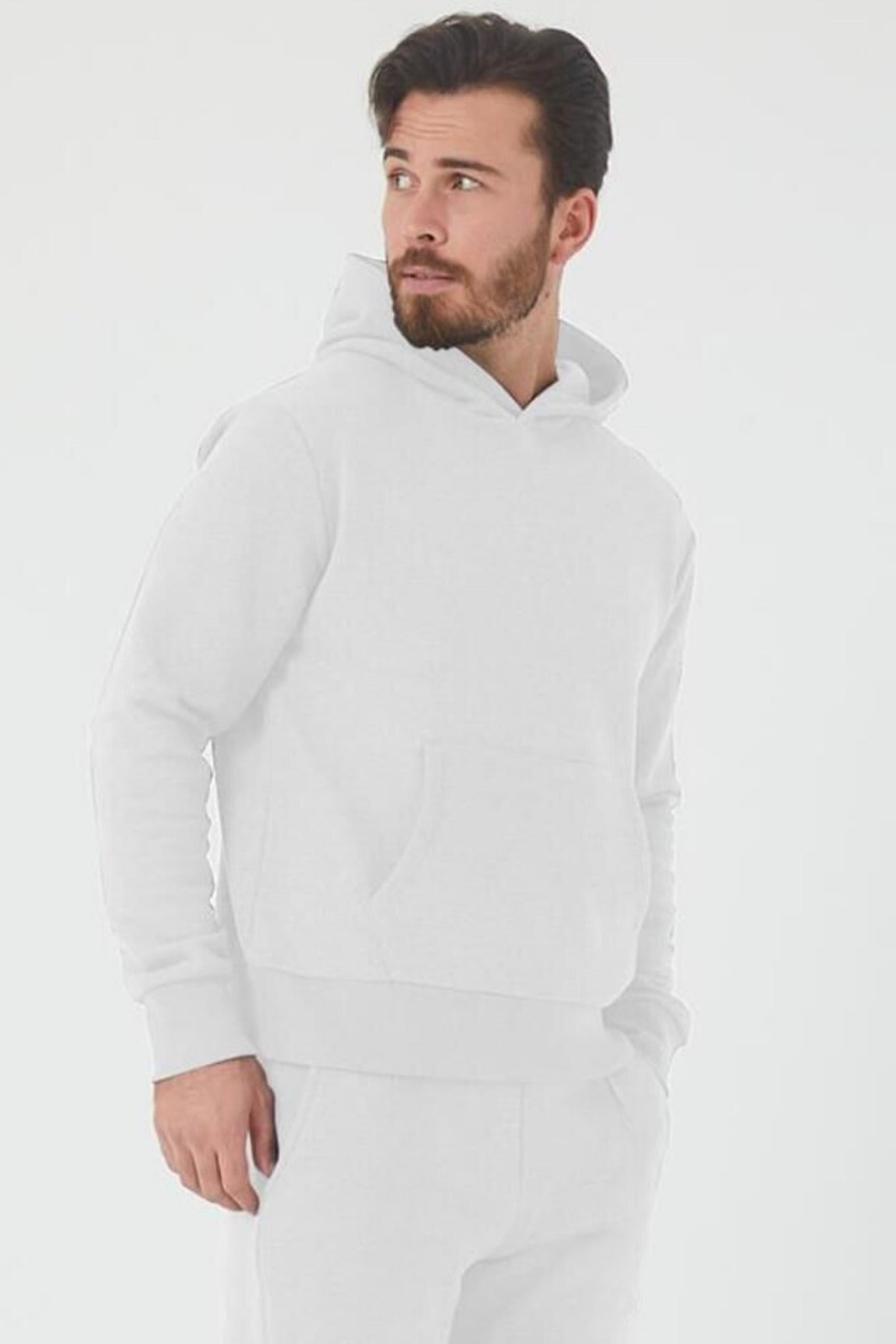 Erkek Trend Model Kanguru Cep Sweatshirt - Beyaz - 1