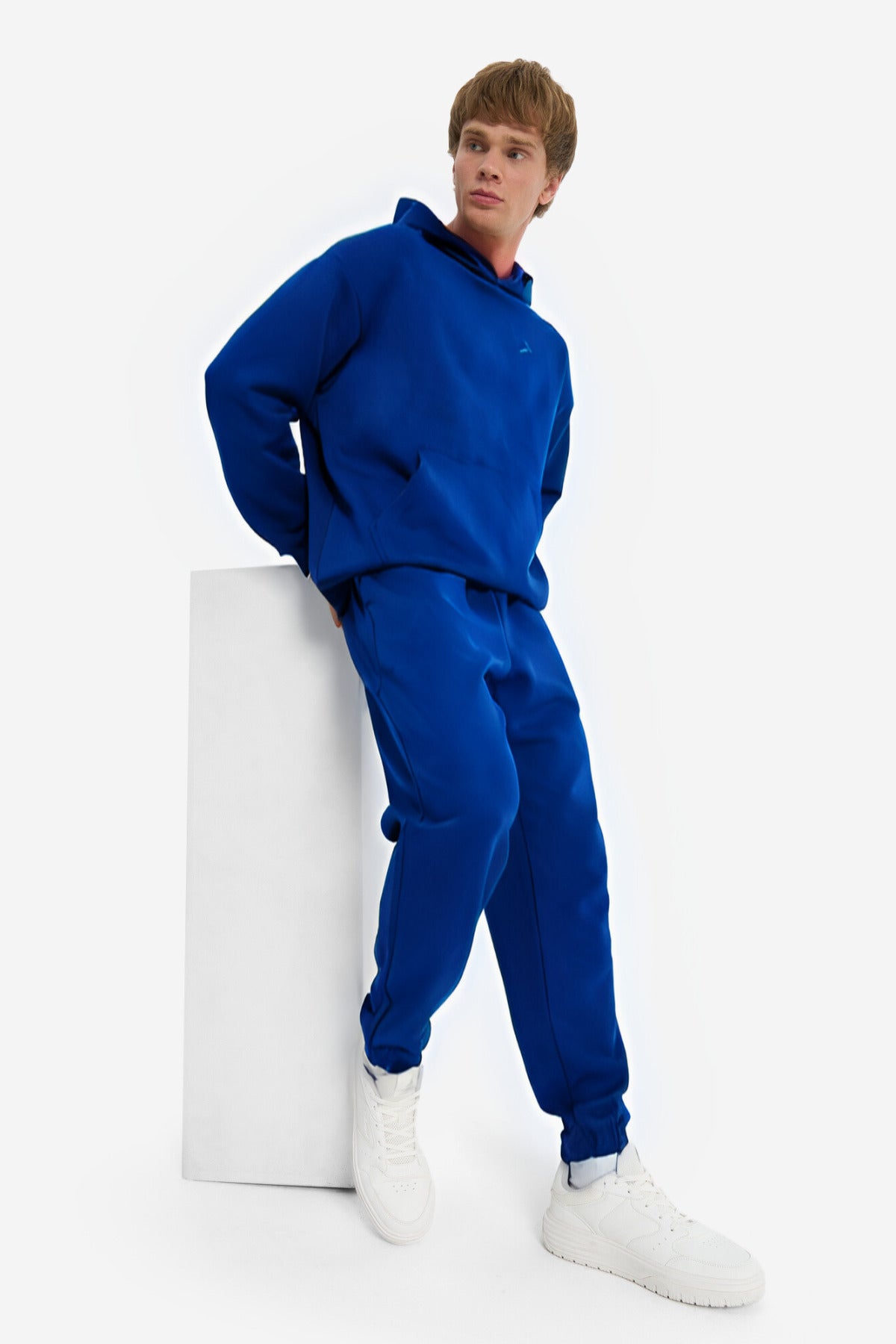 Erkek Kapşonlu Kanguru Cep Oversize 3 İ̇plik Şardonlu Lastikli Paça Jogger Eşofman Takımı - Saks Mavisi - 1