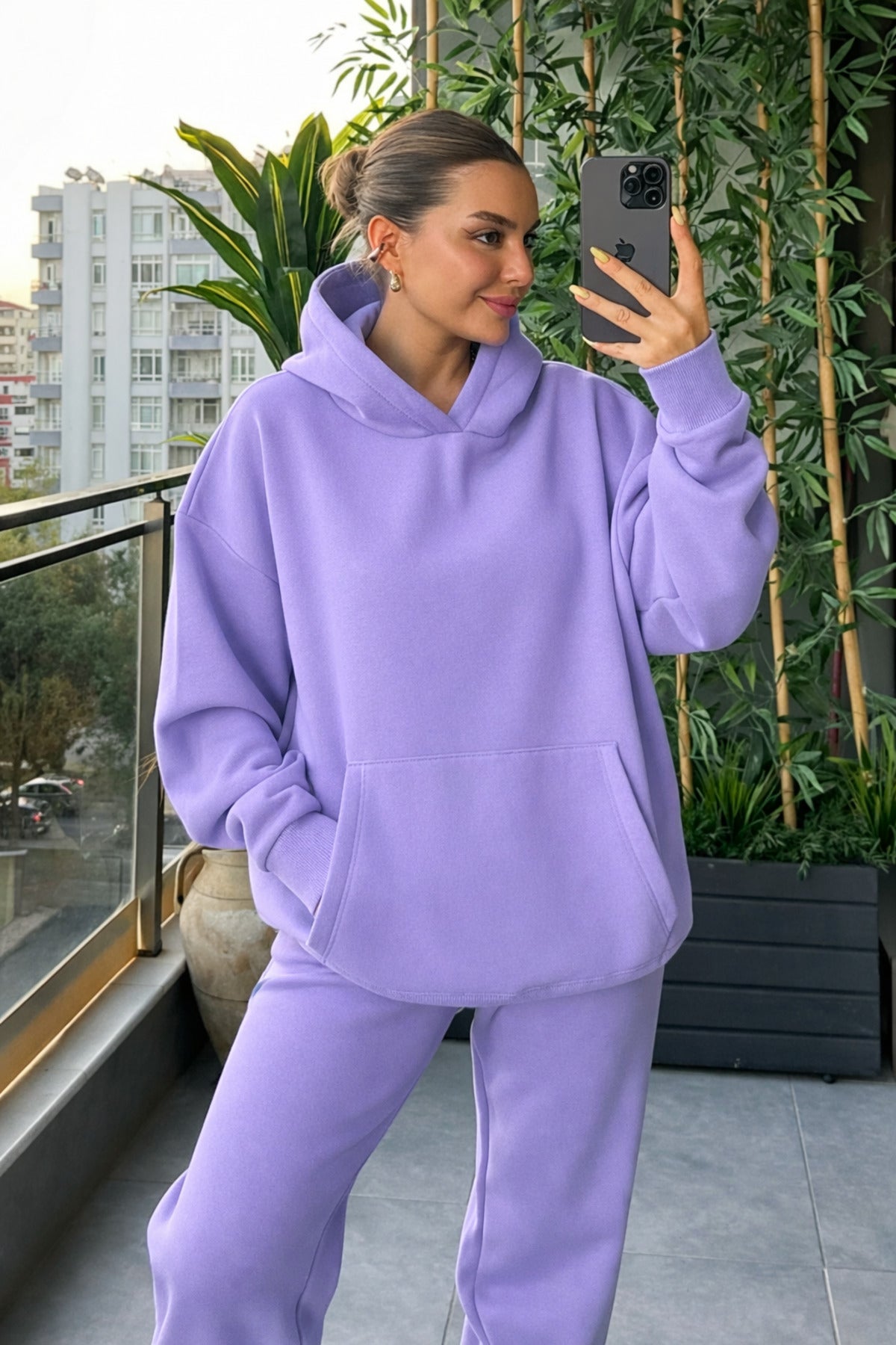 Kadin Kalin Comfort Sweatshi̇rt Yüksek Bel Eşofman Takimi - Lila - 3