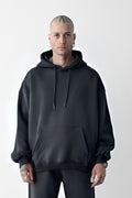 Erkek Bol Kesim Oversize 3 İplik İçi Pamuklu Şardonlu Kanguru Cep Kapşonlu Kışlık Hoodie Sweatshirt - Füme - 1