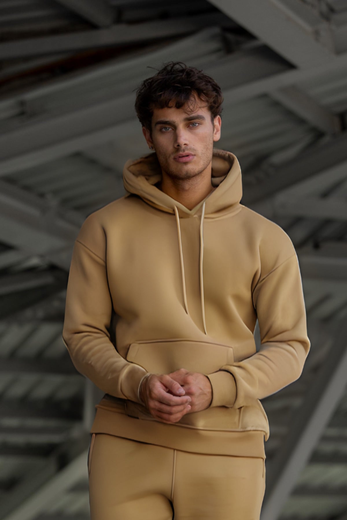 Erkek Ribanalı Kapşonlu Yaka Sweatshirt 3 İplik - Bej - 2