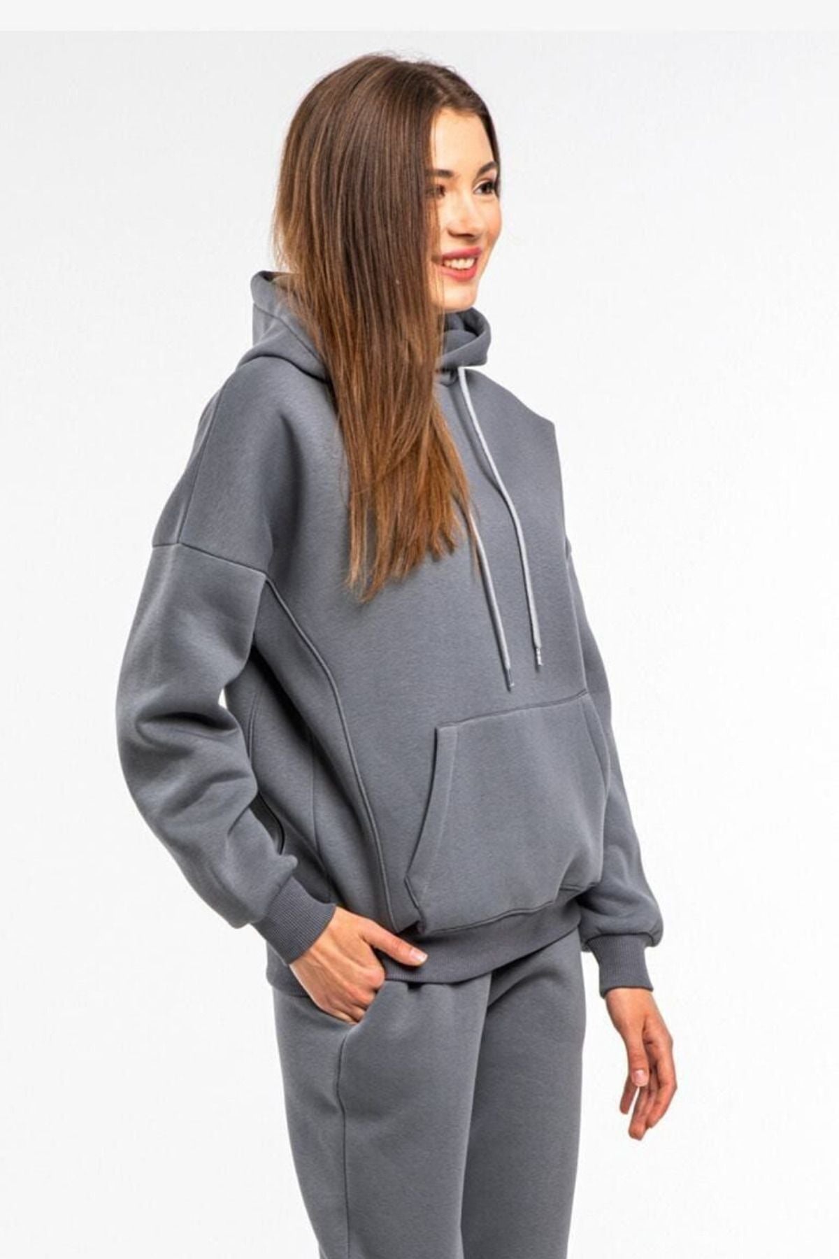 Basi̇c Oversi̇ze Sweatshi̇rt Hoodi̇e - Füme - 3