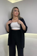 Kadın Siyah Dökümlü Bürümcük Yazlık Kimono Takım - Siyah - 3