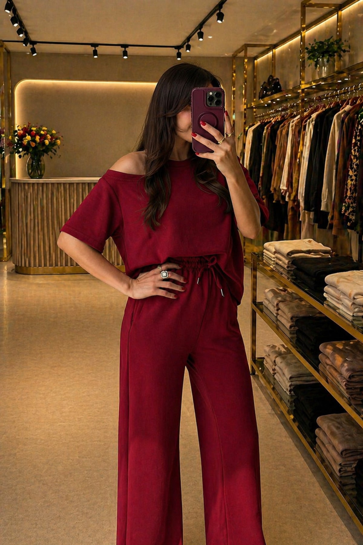 Kadın Oversize Salaş Takım Tek Omuz Detaylı Rahat Kesim Günlük Kombin - Bordo - 2