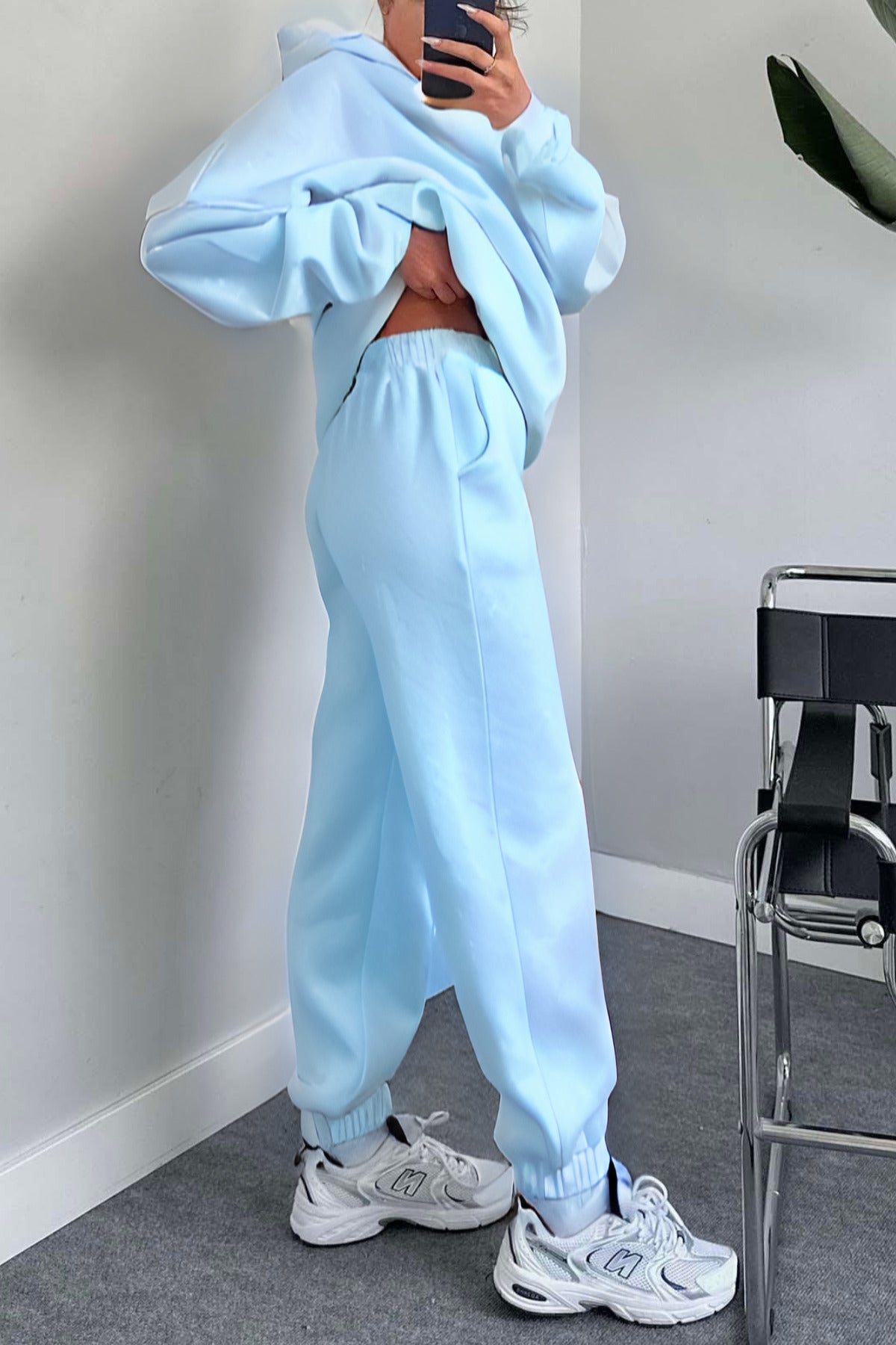 Kadın Hoodie Kanguru Cep Kapşonlu Sweatshirt Paçası Lastikli Alt Eşofman Takımı - Bebe Mavisi - 3