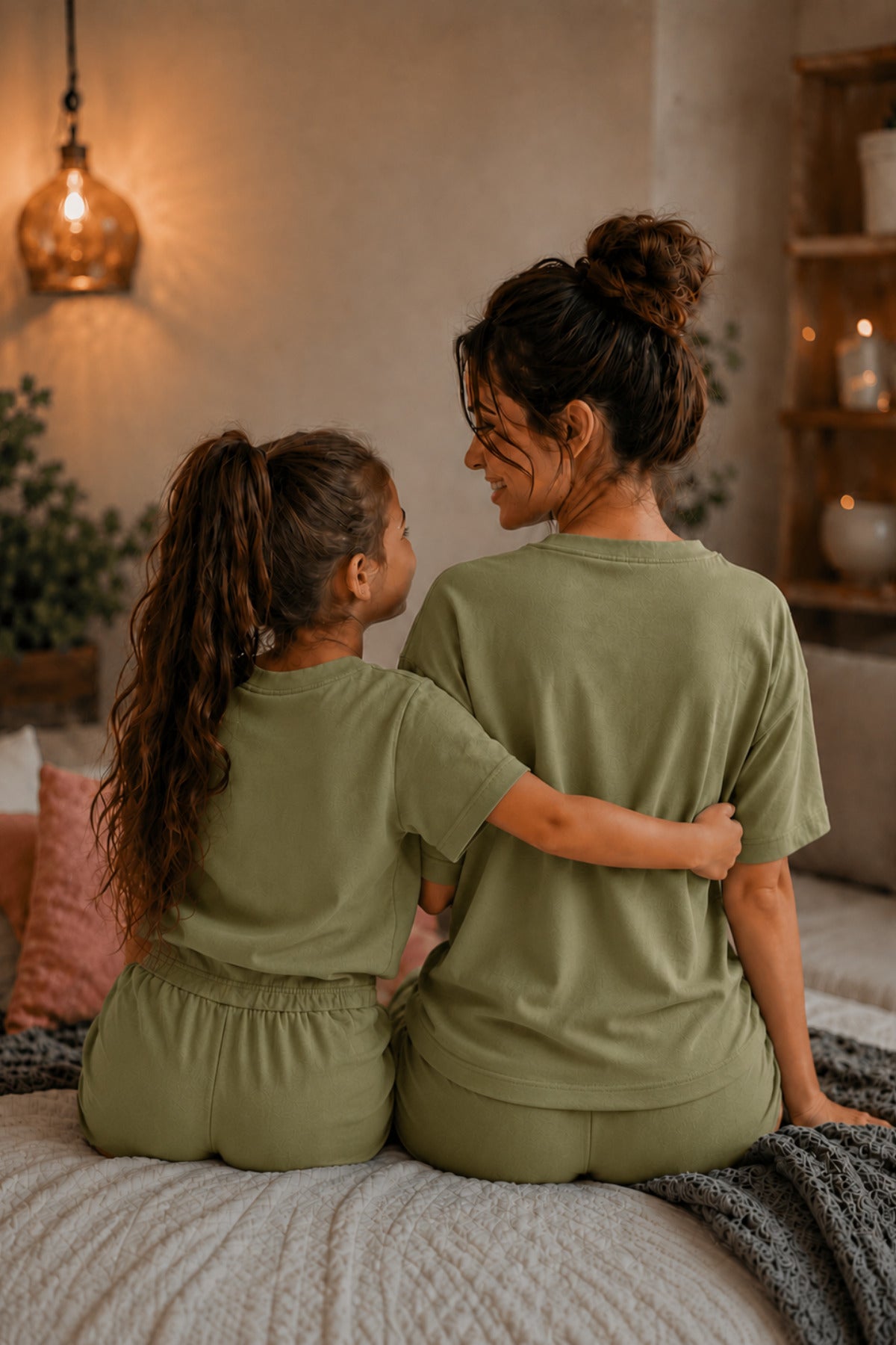 Anne Çocuk Kisa Kollu Oversize Esnek Rahat Beli̇ Bağcikli Modern Kesi̇m Trend Yazlik Günlük Alt Üst Takim - Yeşil - 5