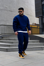 Oversize Pamuklu Kalın Bisikletyaka Eşofman Takımı - Lacivert - 4