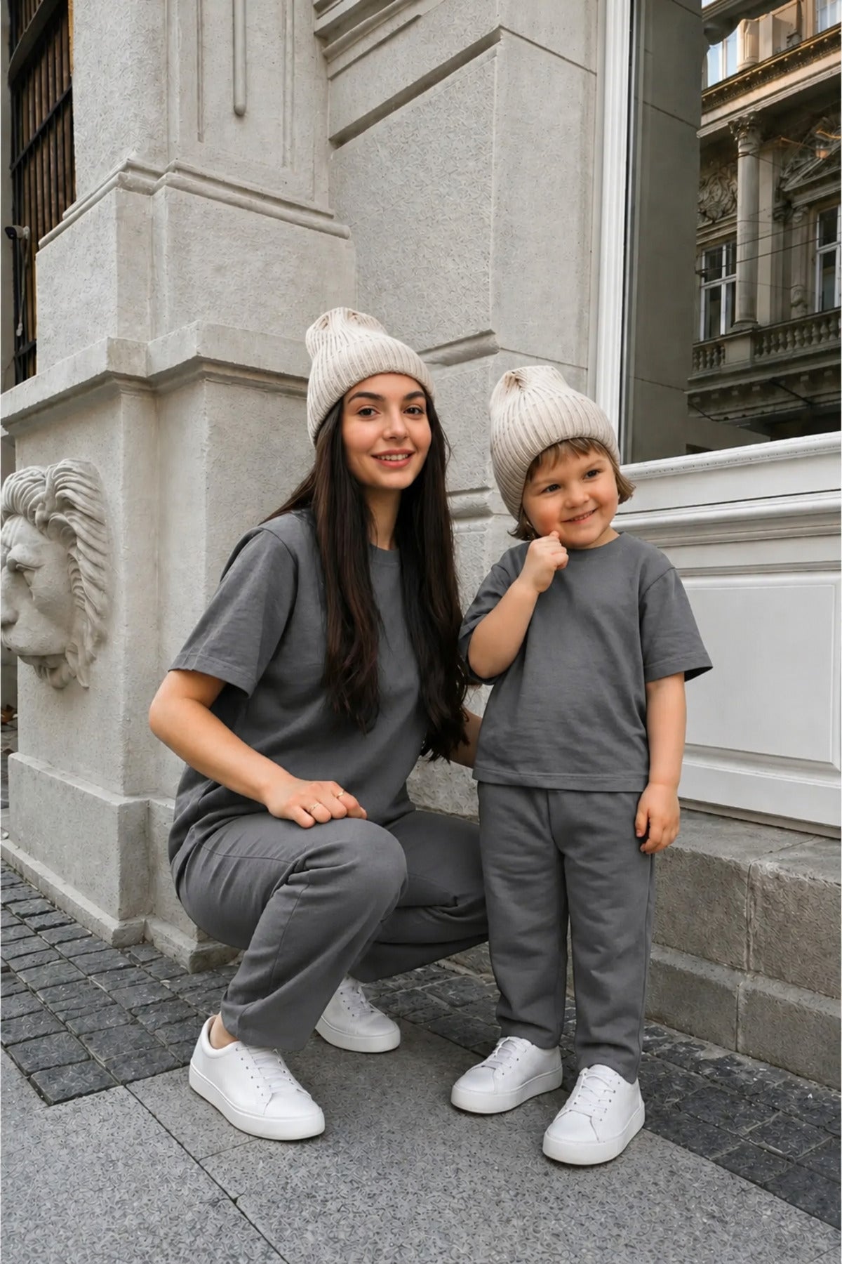 Anne-çocuk 2 İ̇pli̇k Kisa Kollu Modal Oversize Bisiklet Yaka Yüksek Bel Alt-üst Takim (tekli̇) - Füme - 1