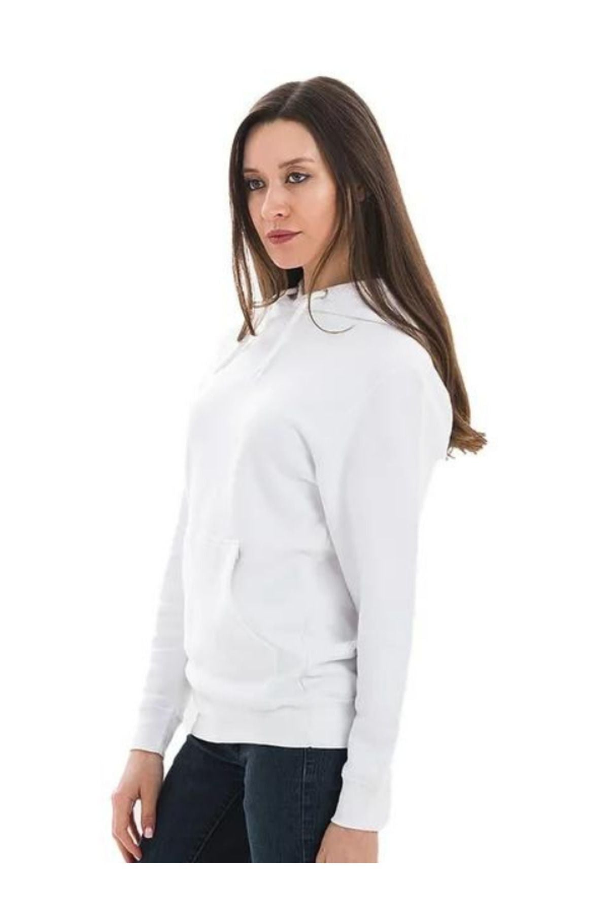 Unisex Beyaz Baskısız Kanguru Cepli Kapüşonlu 3 İ̇plik Şardonlu Sweatshirt Oversize Hoodie - Beyaz - 2