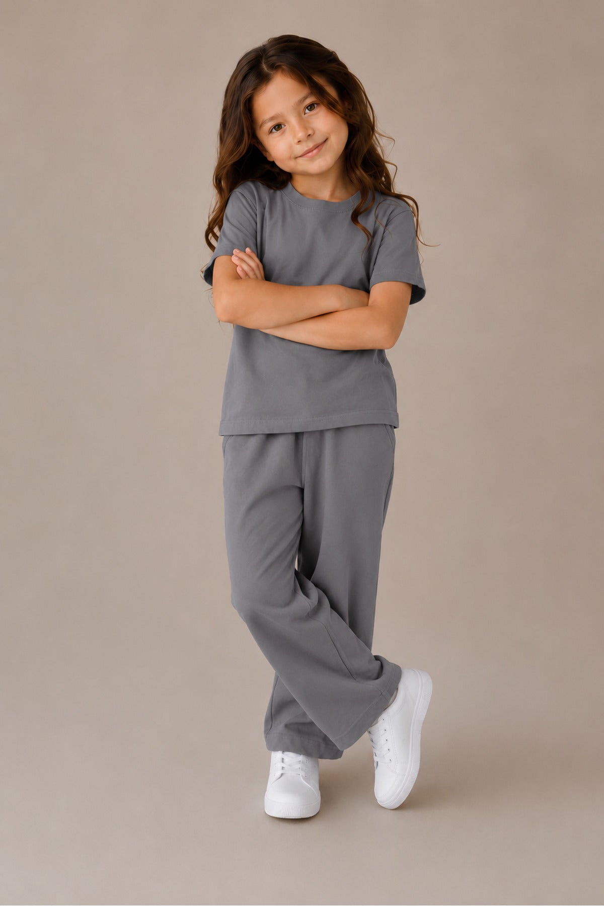 Çocuk Unisex Kisa Kollu Bi̇si̇klet Yaka Süper Yüksek Bel Oversize Eşofman Takimi - Füme - 3