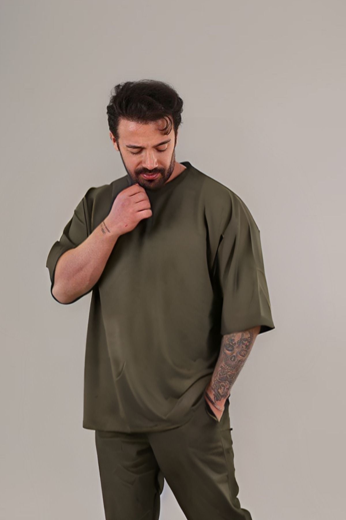 Erkek Oversize Comfort Penye T-shirt - Haki - 2