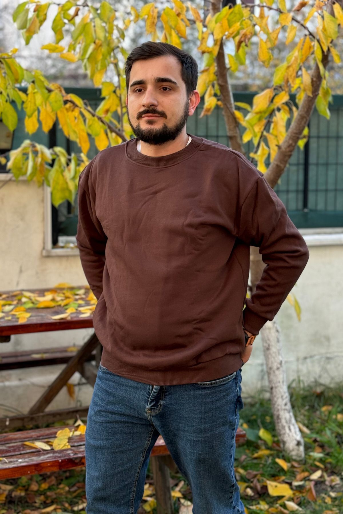 Erkek Kahverengi Bisiklet Yaka İçi Polarlı 3 İplik Pamuklu Regular Fit Unisex Sweatshirt - Kahverengi - 3