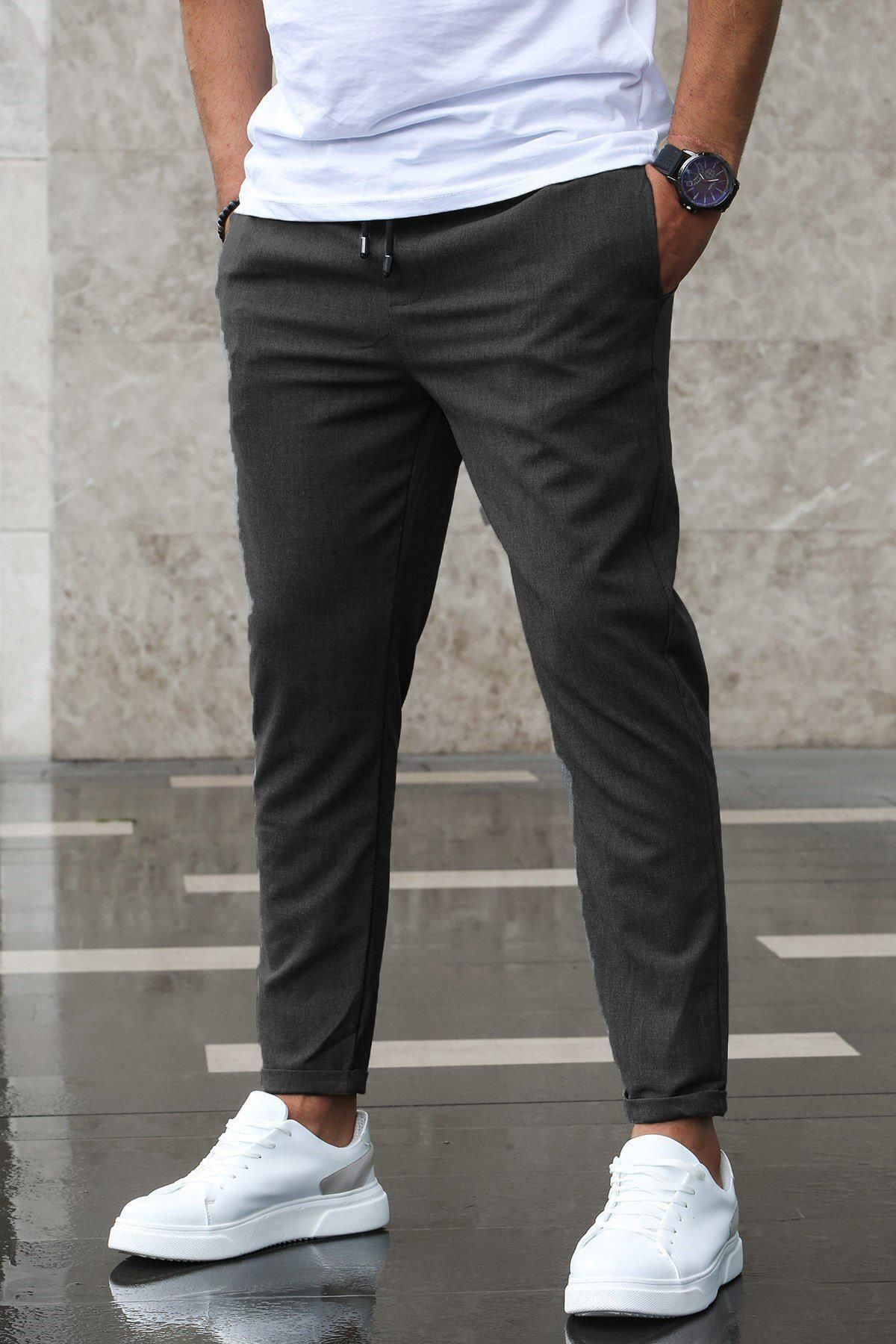 Erkek Duble Paça Beli Bağcıklı Dokuma Pantolon - Füme - 2