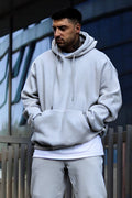 Erkek Oversize 3 İ̇plik Pamuklu Şardonlu Kanguru Cep Kapşonlu Kalın Hoodie Sweatshirt - Gri - 1