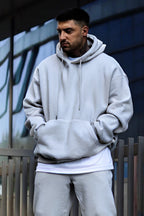 Erkek Oversize 3 İ̇plik Pamuklu Şardonlu Kanguru Cep Kapşonlu Kalın Hoodie Sweatshirt - Gri - 1