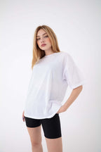 Kadın Oversize Kısa Kollu Bisiklet Yaka Tişört - Beyaz - 1
