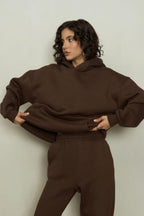 Kadın Rahat Kesim Oversize 3 İ̇plik Pamuklu Şardonlu Kanguru Cep Kapşonlu Hoodie Sweatshirt - Kahverengi - 1