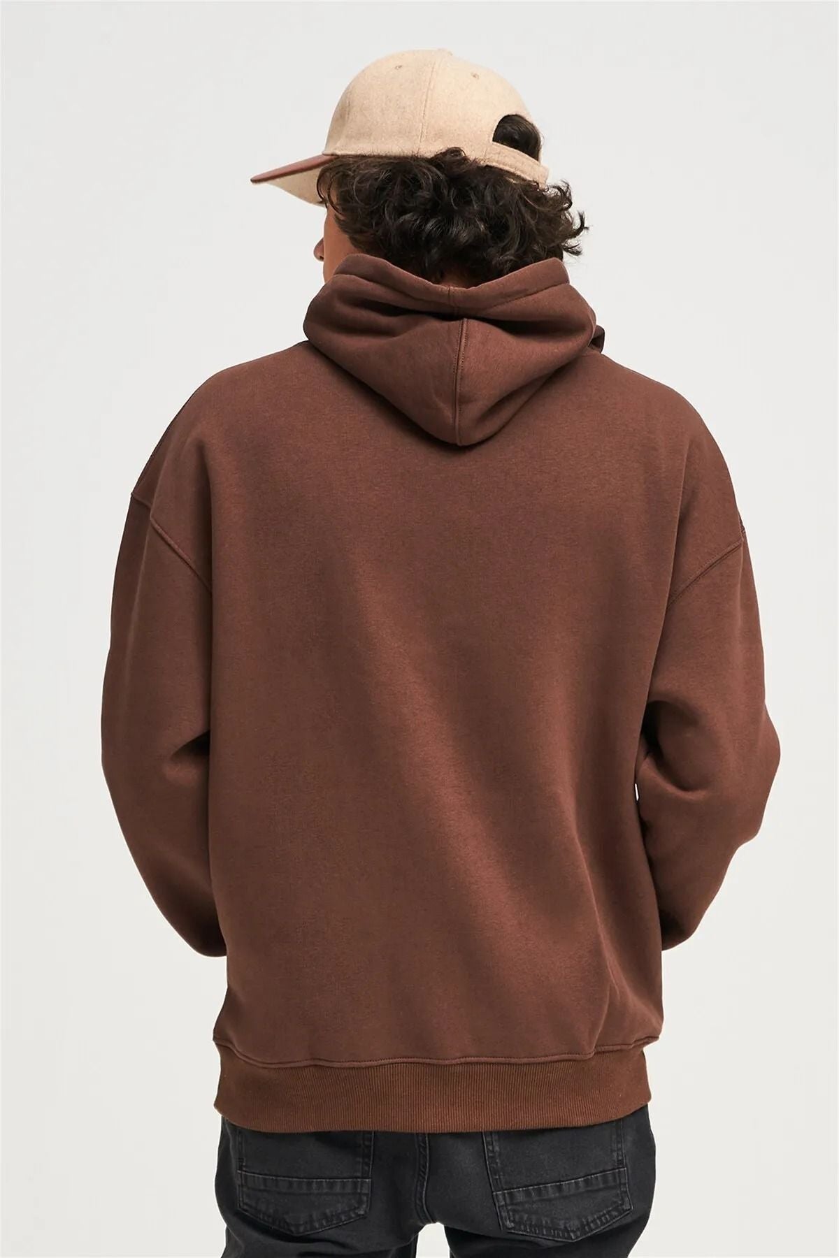 Unisex Kadın Kahverengi Baskısız Kanguru Cepli Kapüşonlu 3 İ̇plik Şardonlu Sweatshirt Oversize Hoodie - Kahverengi - 6